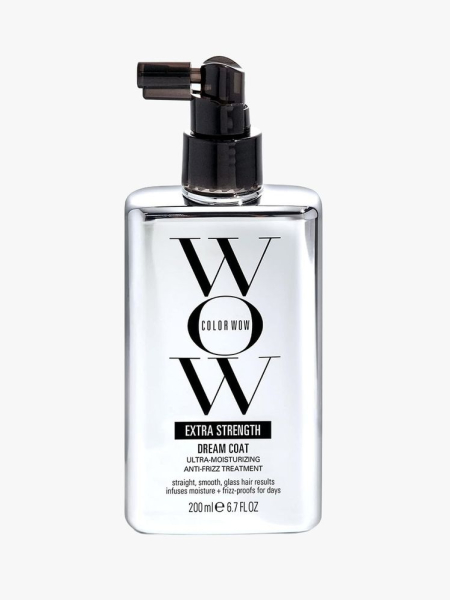 Color Wow Extra Strength Dream Coat silver square bottle on light gray background